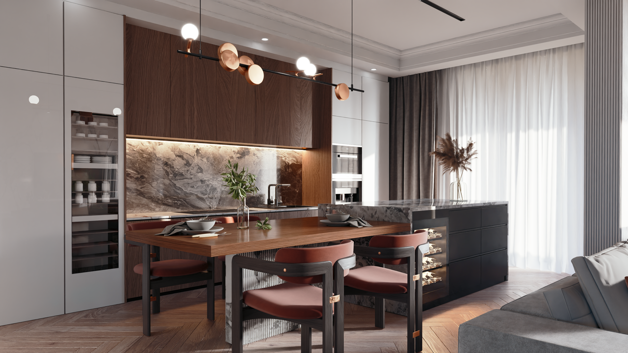 A stylish modern kitchen with a wooden table, marble countertop, and ambient lighting.